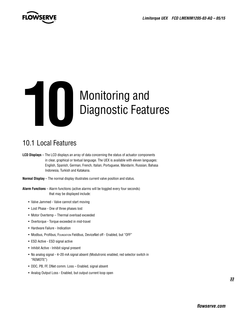 Monitoring and diagnostic features | Flowserve UEX Limitorque User Manual | Page 33 / 56