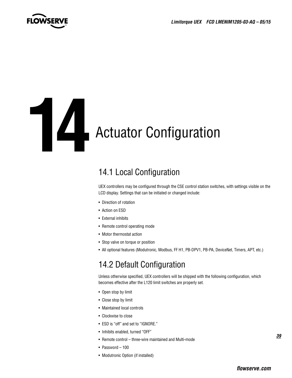 Actuator configuration | Flowserve UEX Limitorque User Manual | Page 39 / 56