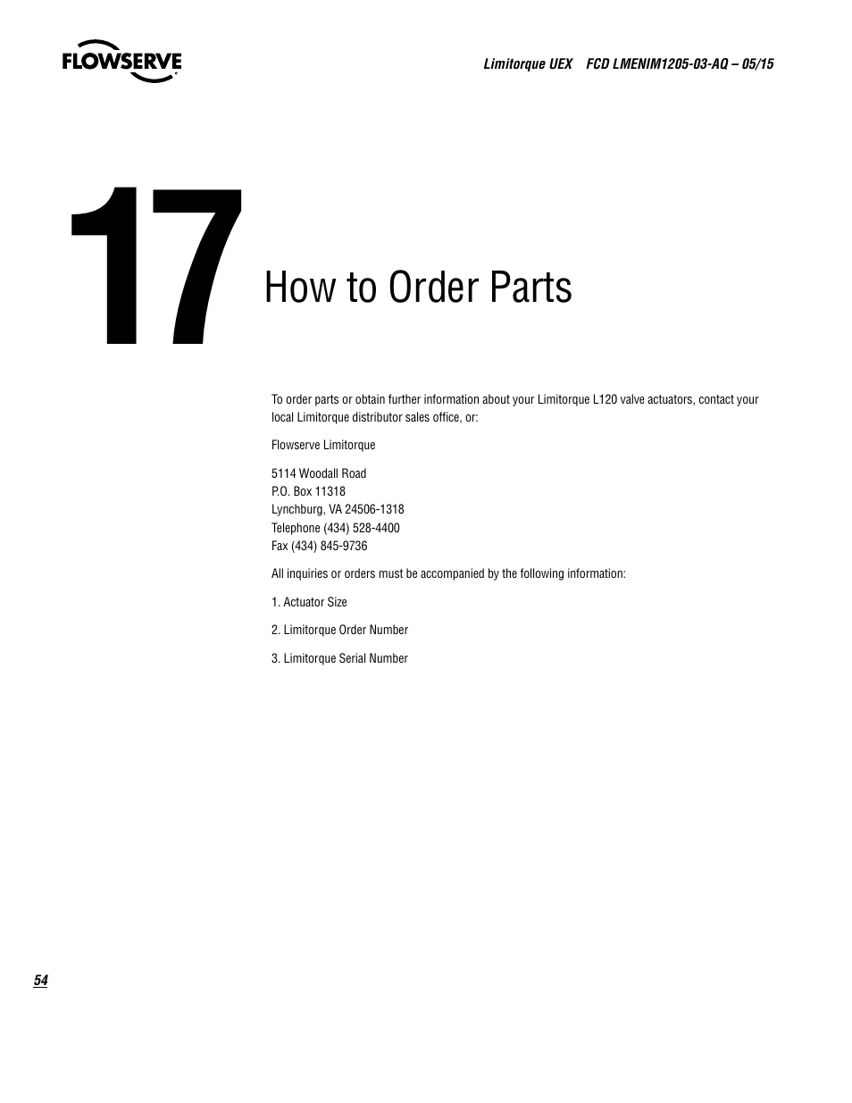 How to order parts | Flowserve UEX Limitorque User Manual | Page 54 / 56