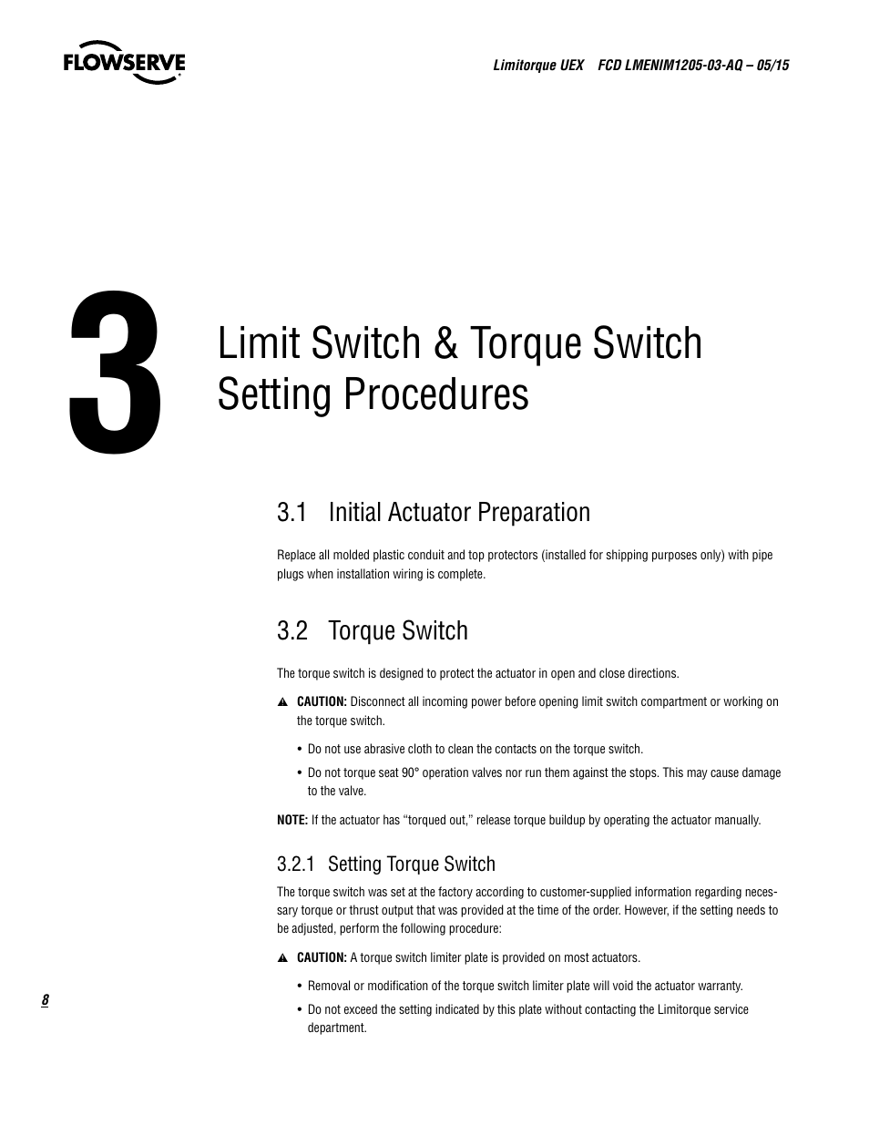 Limit switch & torque switch setting procedures | Flowserve UEX Limitorque User Manual | Page 8 / 56