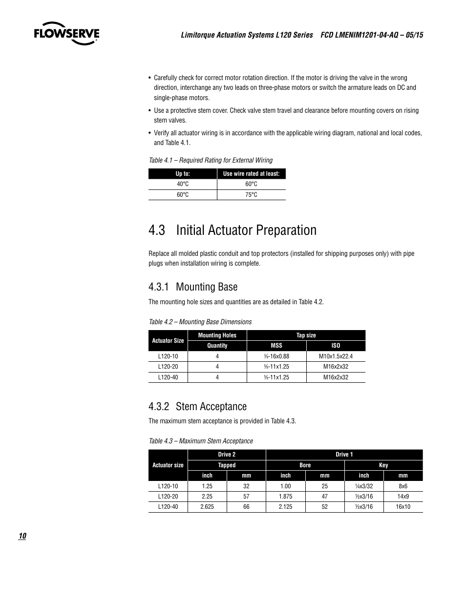 3 initial actuator preparation, 1 mounting base, 2 stem acceptance | Flowserve L120 Series Limitorque Actuation Systems User Manual | Page 10 / 36