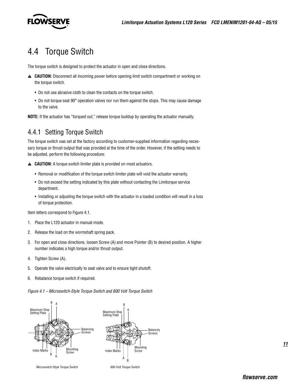 4 torque switch, 1 setting torque switch | Flowserve L120 Series Limitorque Actuation Systems User Manual | Page 11 / 36