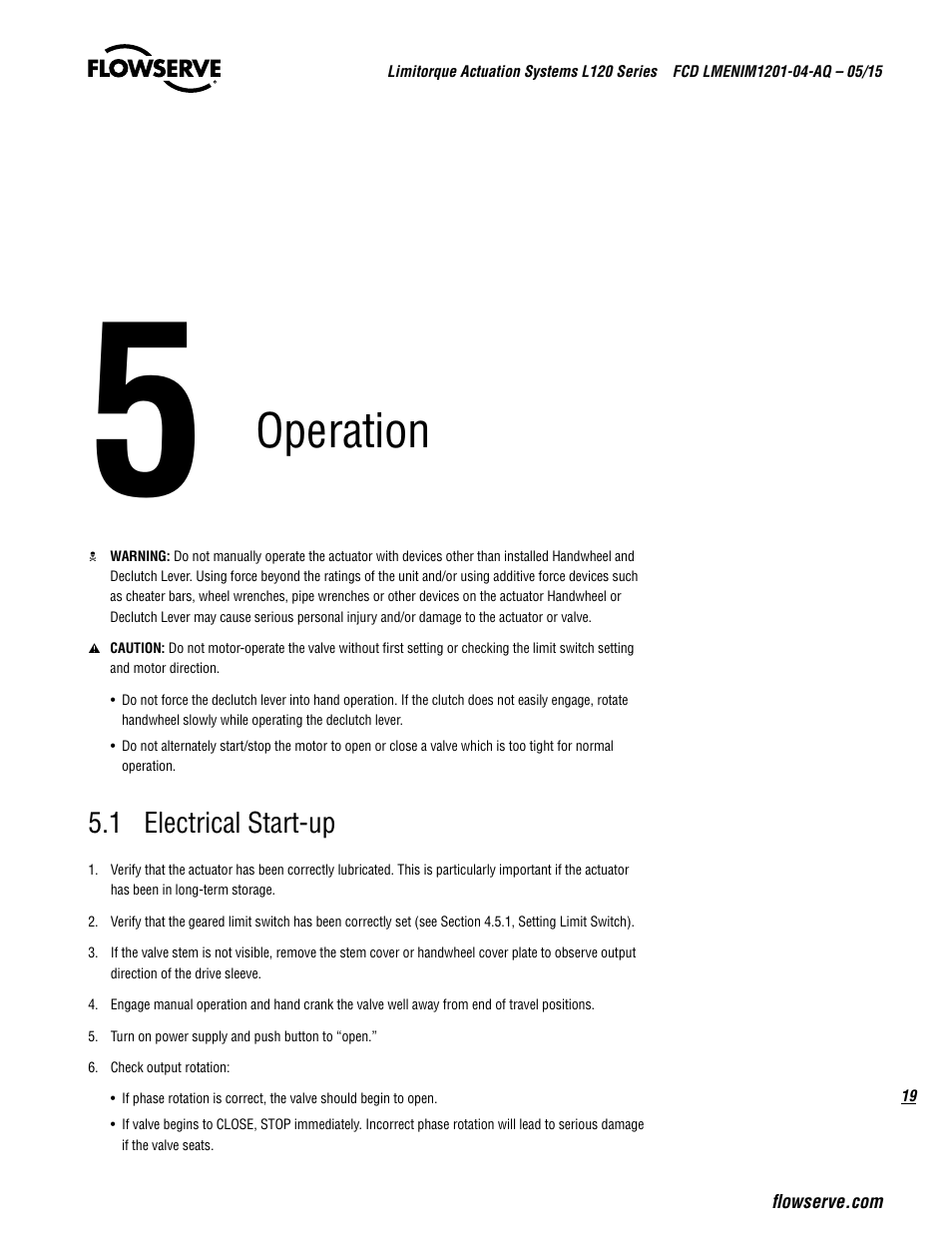 Operation, 1 electrical start-up | Flowserve L120 Series Limitorque Actuation Systems User Manual | Page 19 / 36