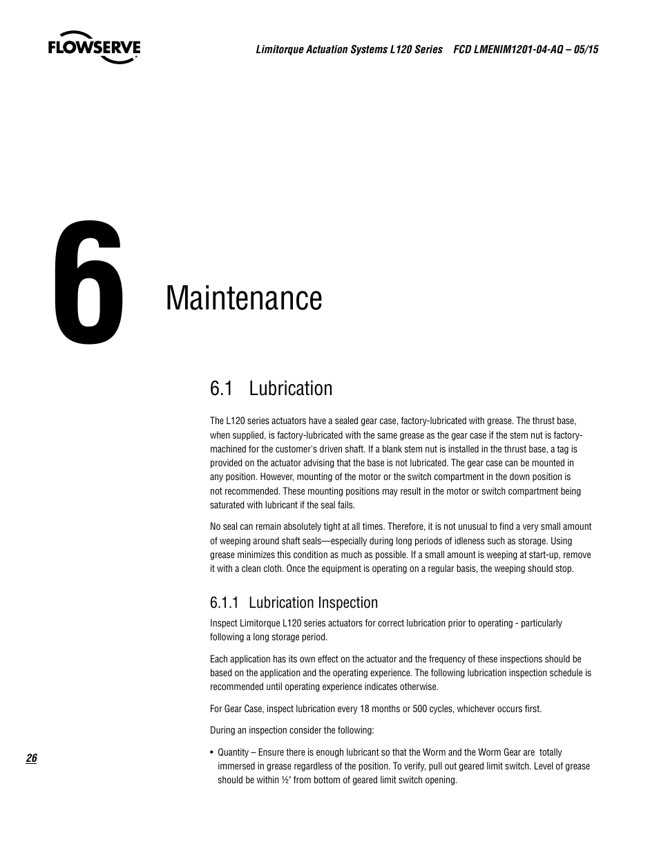 Maintenance | Flowserve L120 Series Limitorque Actuation Systems User Manual | Page 26 / 36