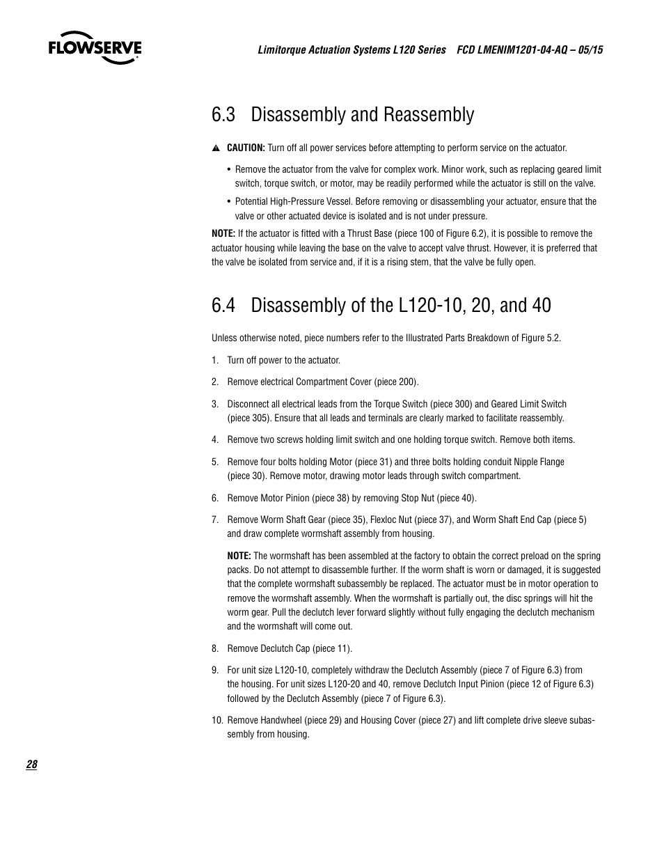 3 disassembly and reassembly | Flowserve L120 Series Limitorque Actuation Systems User Manual | Page 28 / 36