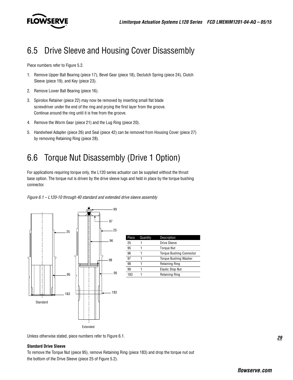 5 drive sleeve and housing cover disassembly, 6 torque nut disassembly (drive 1 option) | Flowserve L120 Series Limitorque Actuation Systems User Manual | Page 29 / 36