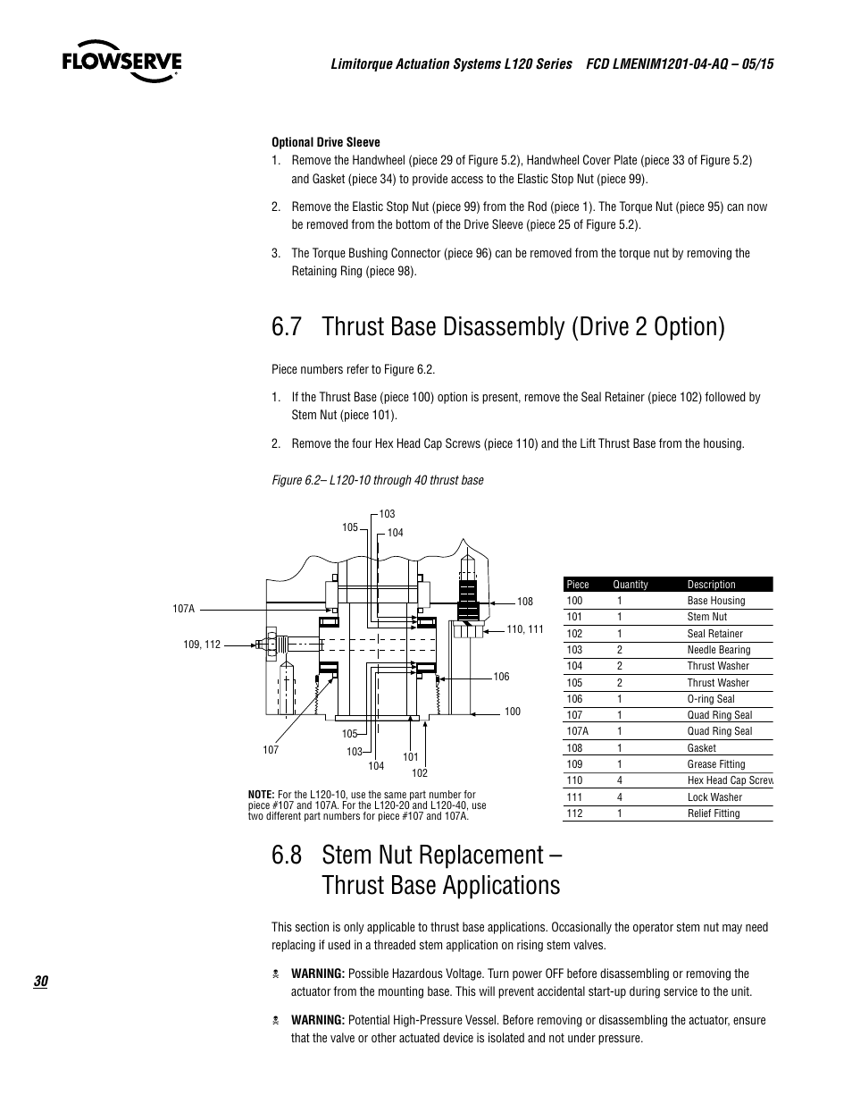 7 thrust base disassembly (drive 2 option), 8 stem nut replacement – thrust base applications | Flowserve L120 Series Limitorque Actuation Systems User Manual | Page 30 / 36