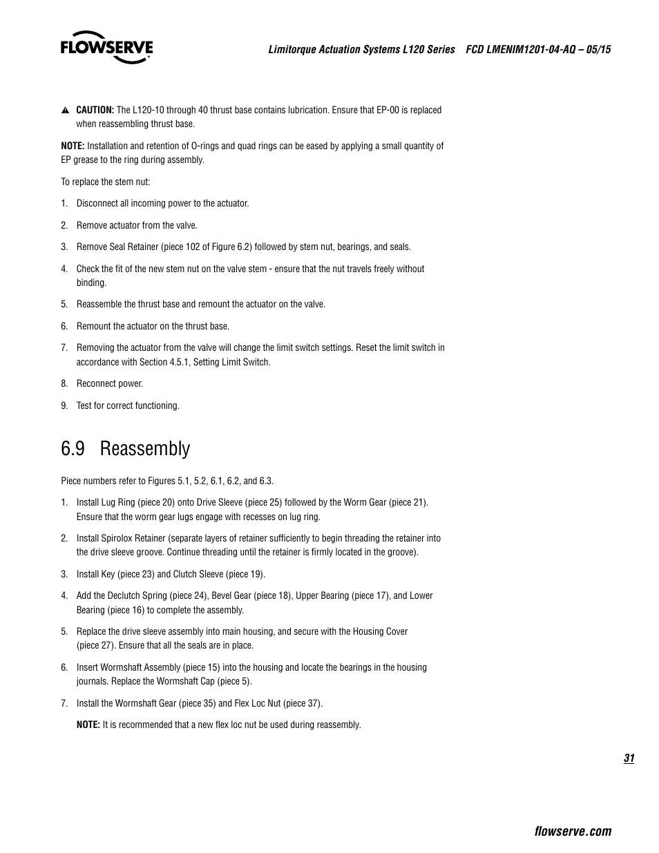 9 reassembly | Flowserve L120 Series Limitorque Actuation Systems User Manual | Page 31 / 36