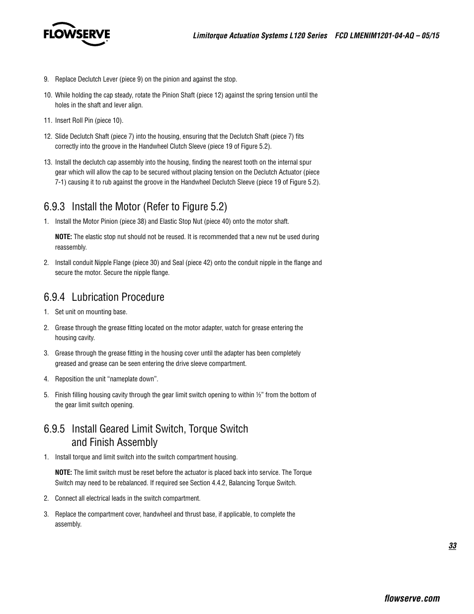 3 install the motor (refer to figure 5.2), 4 lubrication procedure | Flowserve L120 Series Limitorque Actuation Systems User Manual | Page 33 / 36
