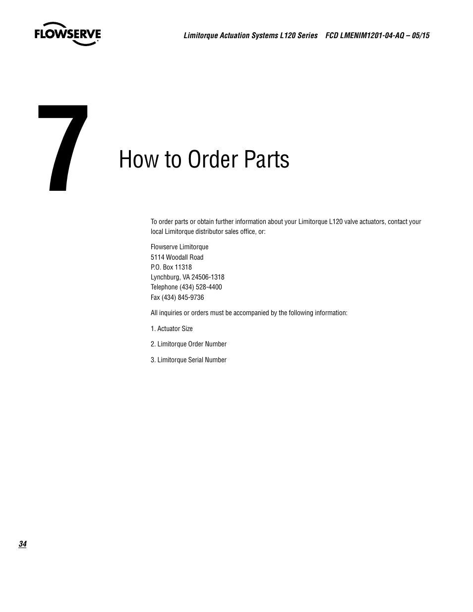How to order parts | Flowserve L120 Series Limitorque Actuation Systems User Manual | Page 34 / 36