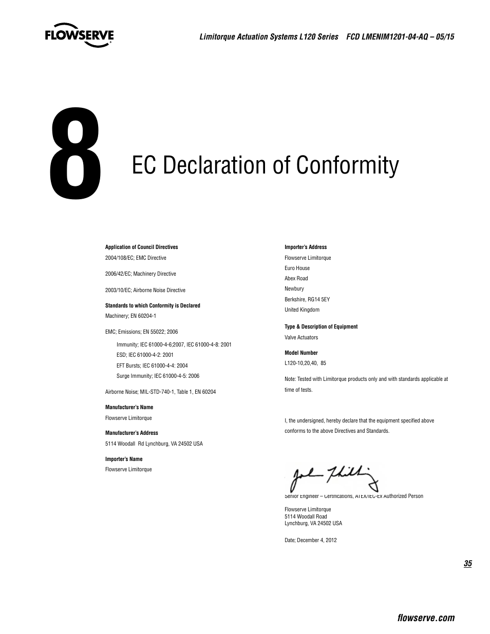 Ec declaration of conformity | Flowserve L120 Series Limitorque Actuation Systems User Manual | Page 35 / 36