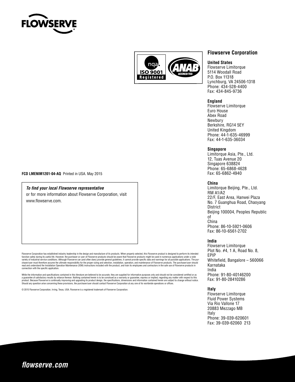 Flowserve corporation | Flowserve L120 Series Limitorque Actuation Systems User Manual | Page 36 / 36