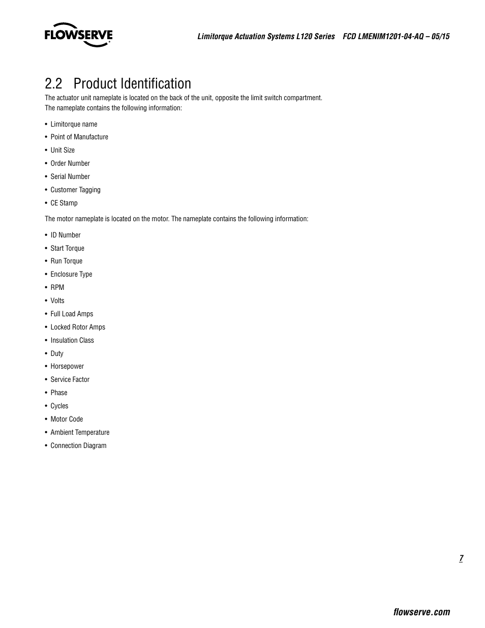 2 product identification | Flowserve L120 Series Limitorque Actuation Systems User Manual | Page 7 / 36