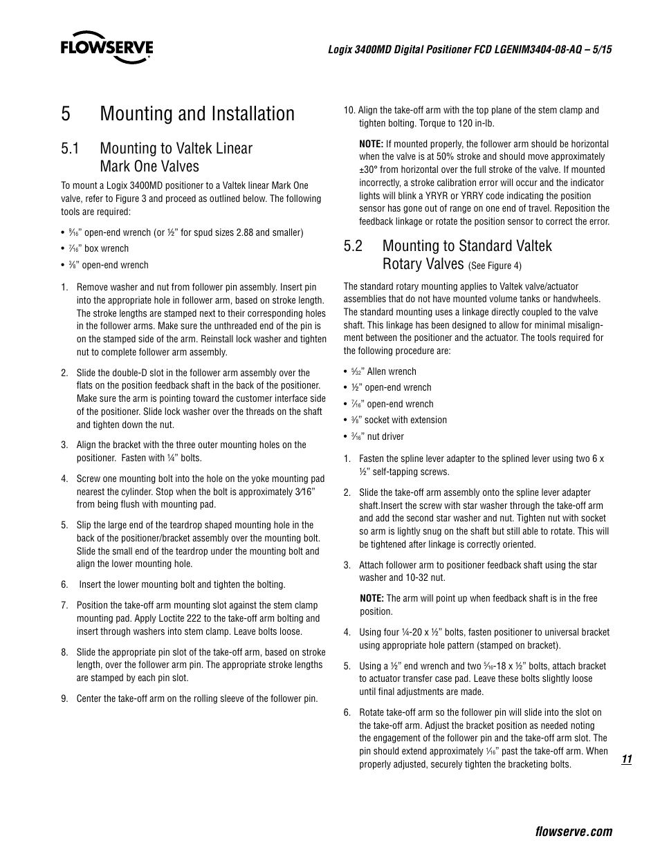 5mounting and installation, 1 mounting to valtek linear mark one valves, 2 mounting to standard valtek rotary valves | Flowserve 3400MD Digital Positioner User Manual | Page 11 / 54