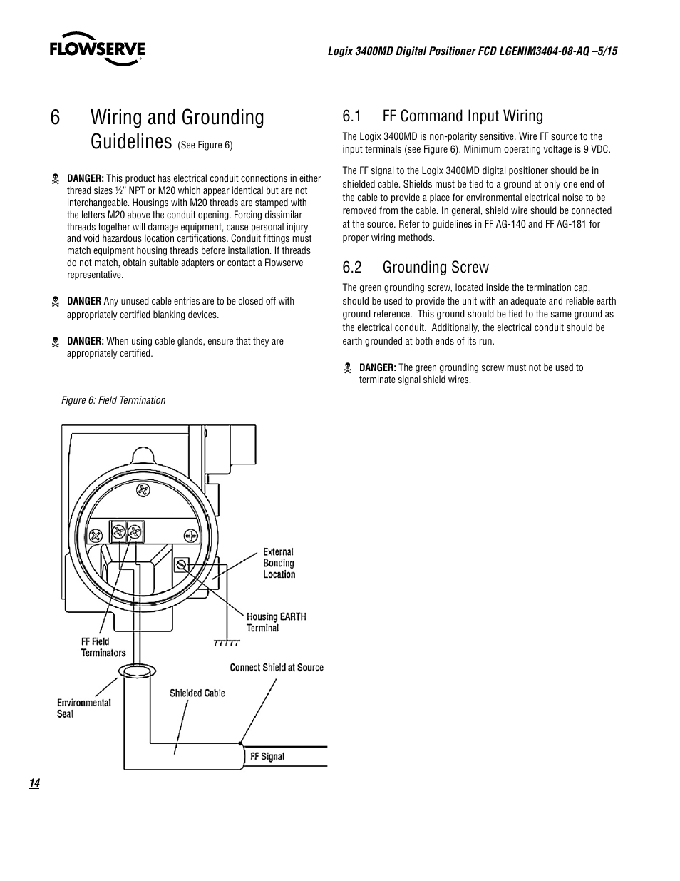 6wiring and grounding guidelines, 1 ff command input wiring, 2 grounding screw | Flowserve 3400MD Digital Positioner User Manual | Page 14 / 54