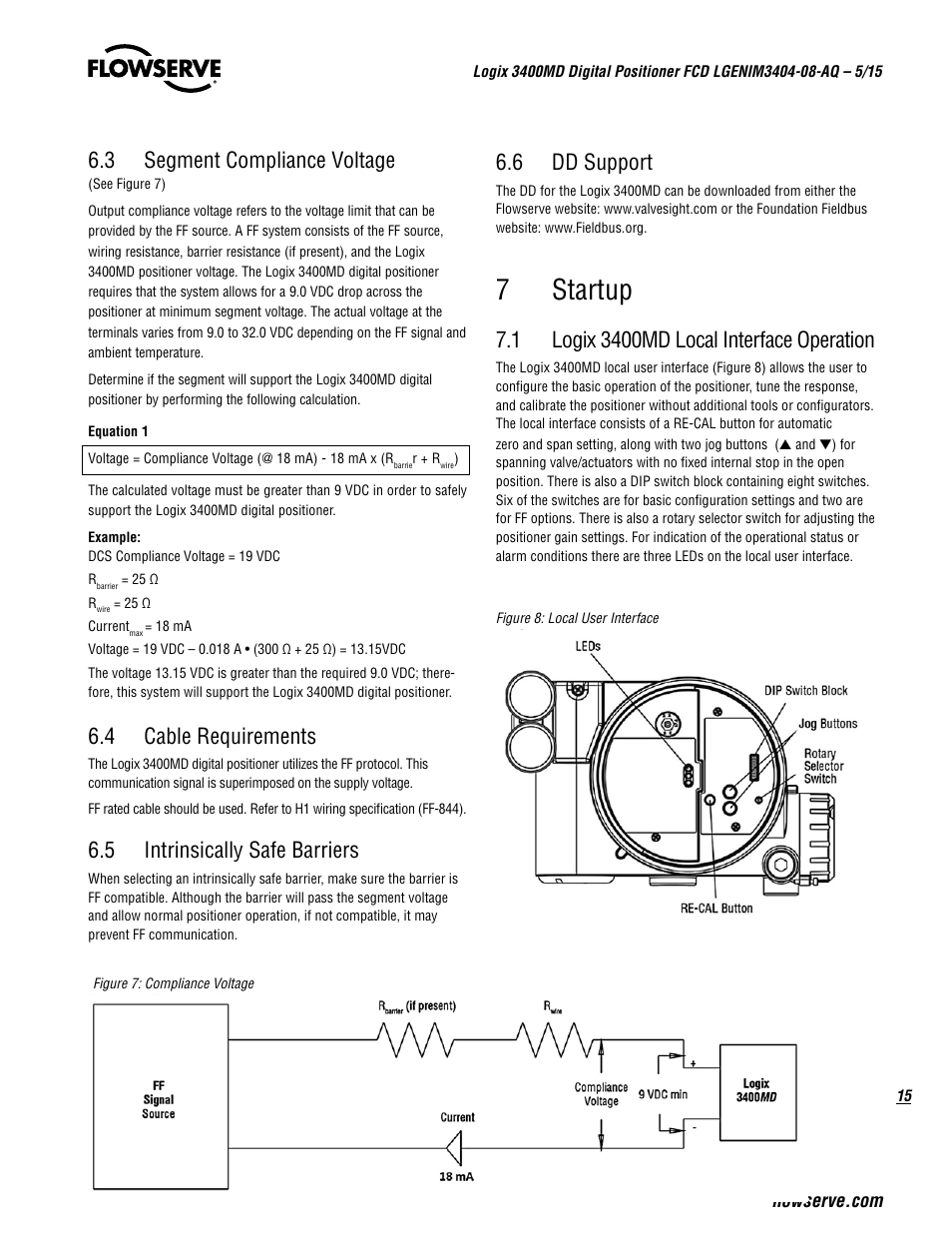 7 startup, 3 segment compliance voltage, 4 cable requirements | 5 intrinsically safe barriers, 6 dd support | Flowserve 3400MD Digital Positioner User Manual | Page 15 / 54