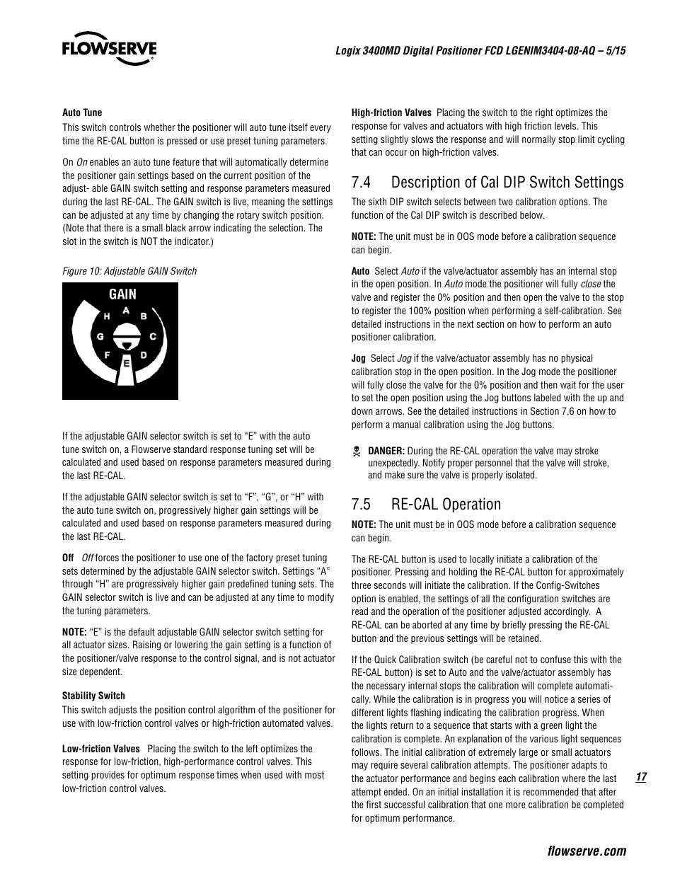 4 description of cal dip switch settings, 5 re-cal operation | Flowserve 3400MD Digital Positioner User Manual | Page 17 / 54