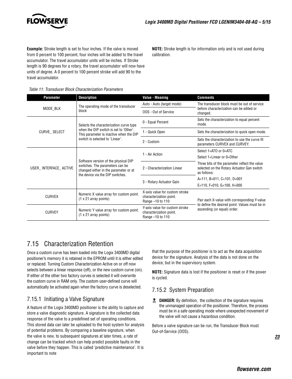 15 characterization retention, 1 initiating a valve signature, 2 system preparation | Flowserve 3400MD Digital Positioner User Manual | Page 23 / 54