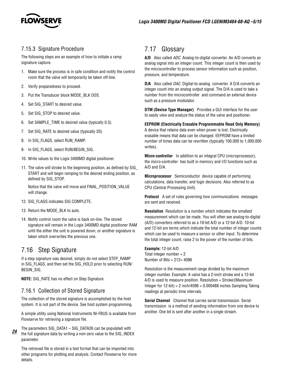 16 step signature, 17 glossary | Flowserve 3400MD Digital Positioner User Manual | Page 24 / 54