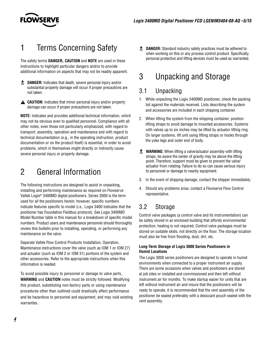 1terms concerning safety, 2general information, 3unpacking and storage | 1 unpacking, 2 storage | Flowserve 3400MD Digital Positioner User Manual | Page 4 / 54