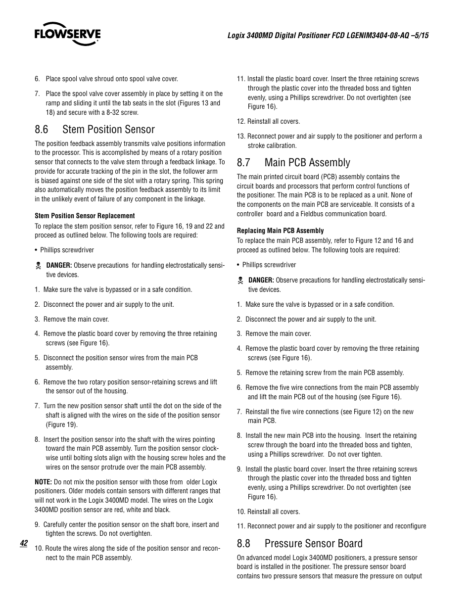 6 stem position sensor, 7 main pcb assembly, 8 pressure sensor board | Flowserve 3400MD Digital Positioner User Manual | Page 42 / 54