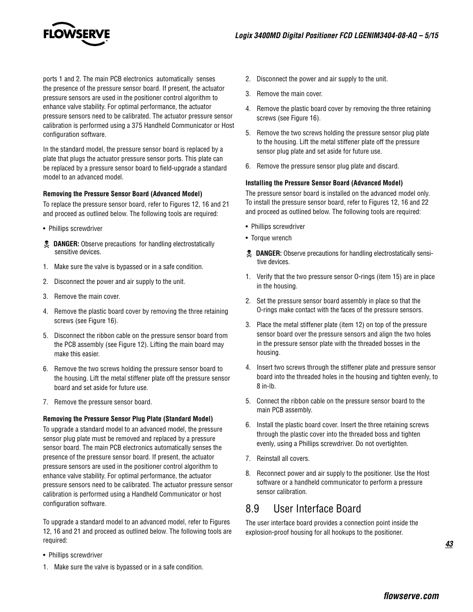 9 user interface board | Flowserve 3400MD Digital Positioner User Manual | Page 43 / 54