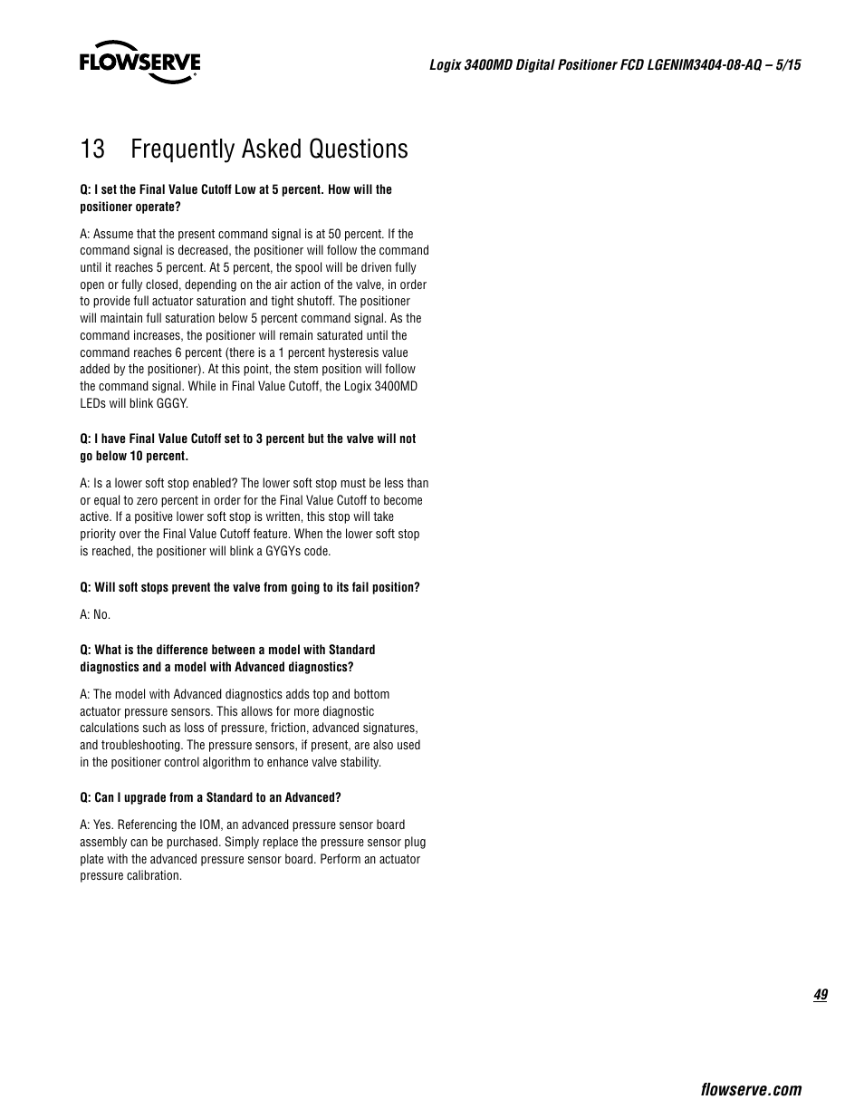 13 frequently asked questions | Flowserve 3400MD Digital Positioner User Manual | Page 49 / 54