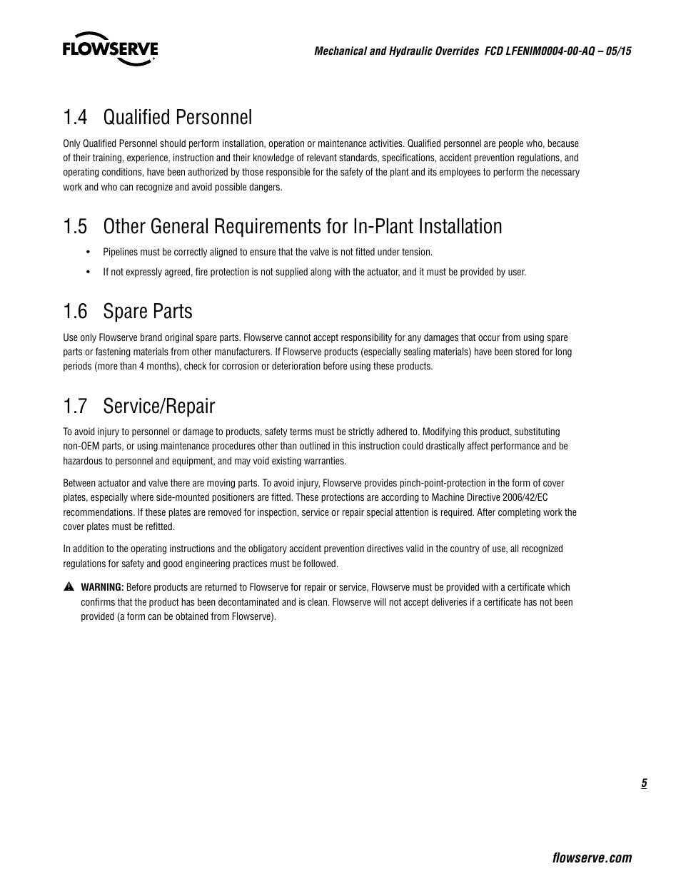 4 qualified personnel, 6 spare parts, 7 service/repair | Flowserve Mechanical and Hydraulic User Manual | Page 5 / 28