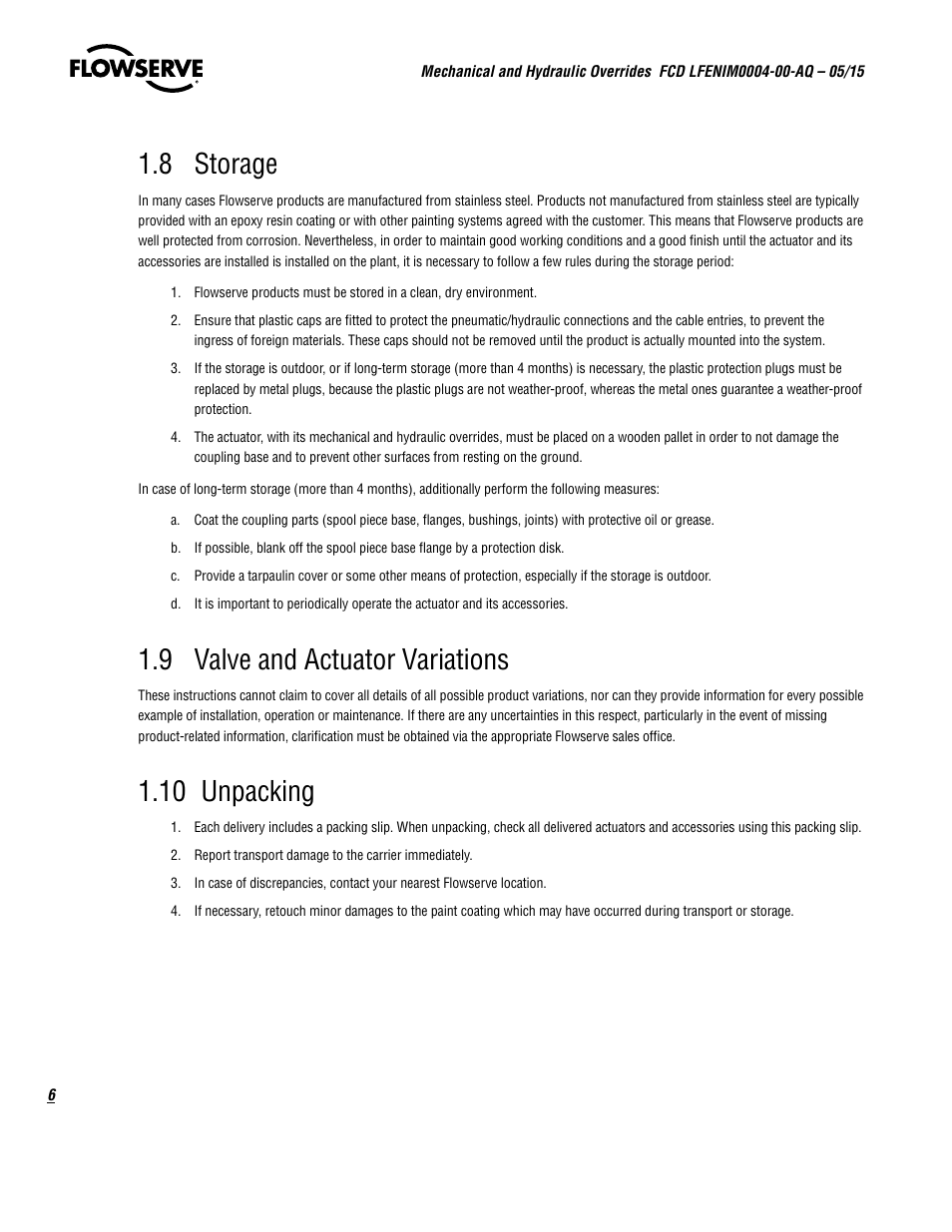 8 storage, 9 valve and actuator variations, 10 unpacking | Flowserve Mechanical and Hydraulic User Manual | Page 6 / 28