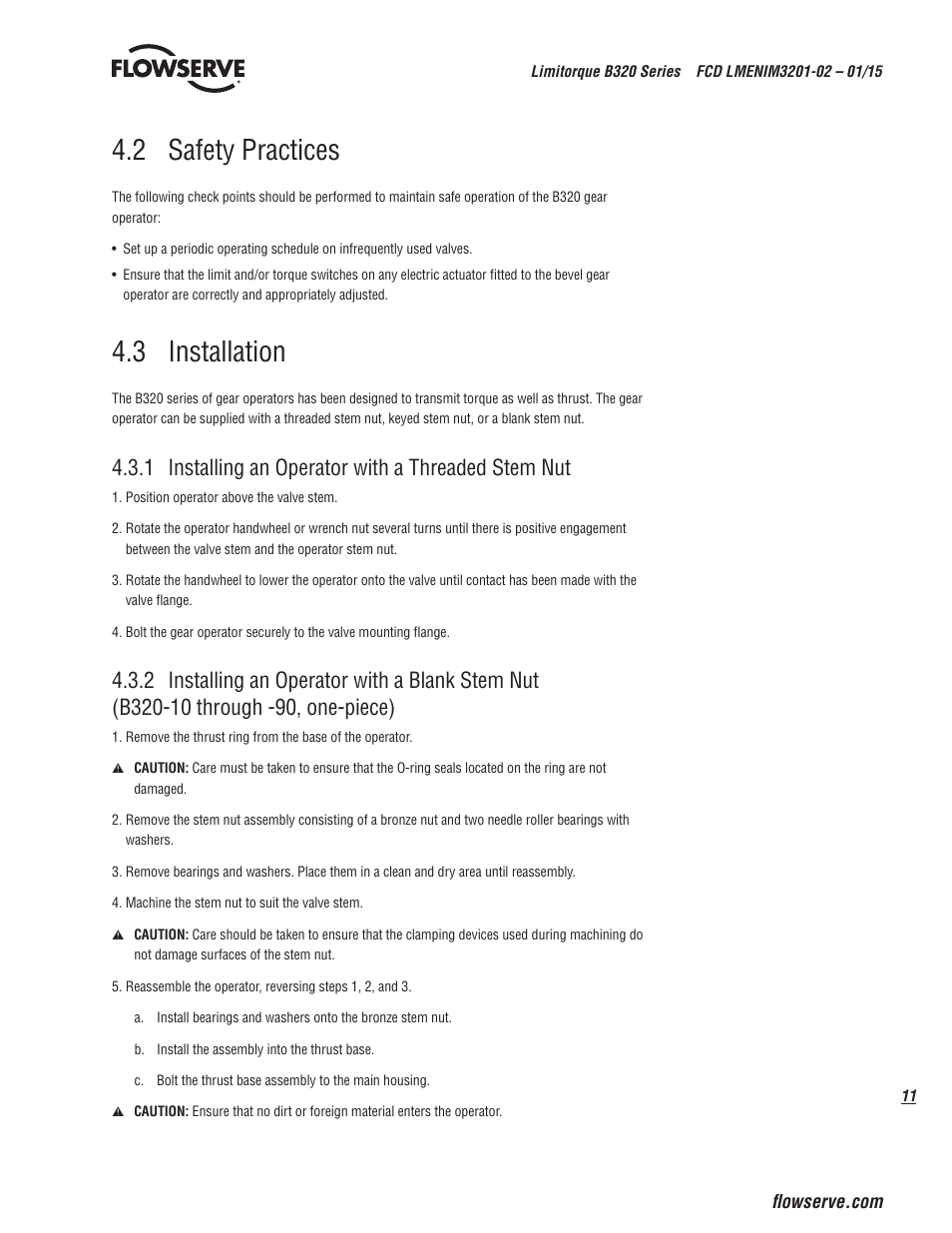 2 safety practices, 3 installation, 1 installing an operator with a threaded stem nut | Flowserve B320 Series Limitorque User Manual | Page 11 / 32
