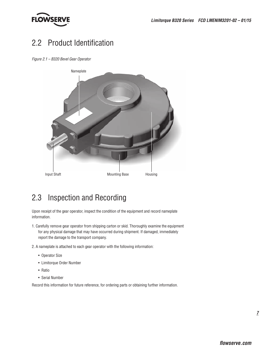2 product identification, 3 inspection and recording | Flowserve B320 Series Limitorque User Manual | Page 7 / 32