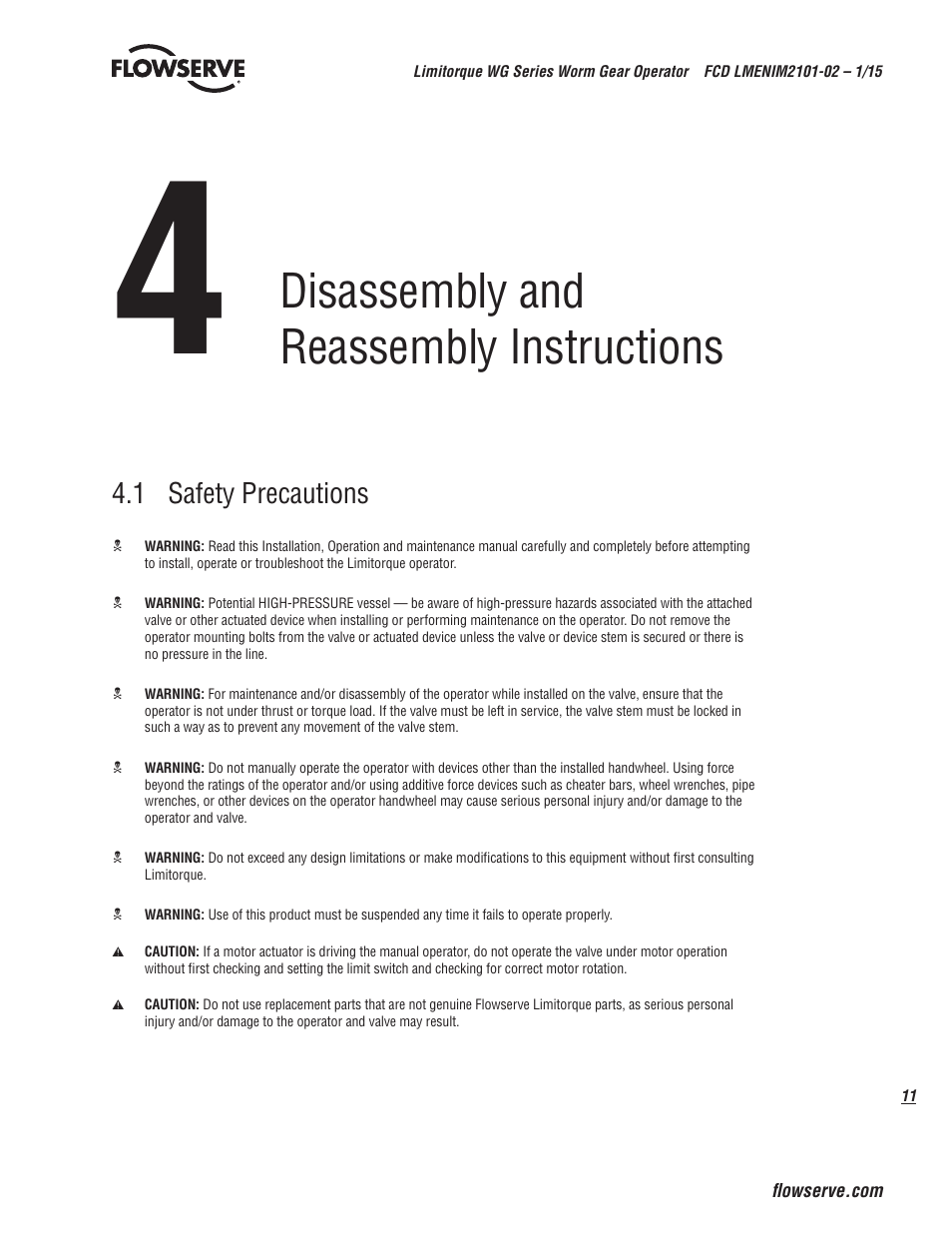 Disassembly and reassembly instructions, 1 safety precautions | Flowserve WG Series Limitorque User Manual | Page 11 / 24