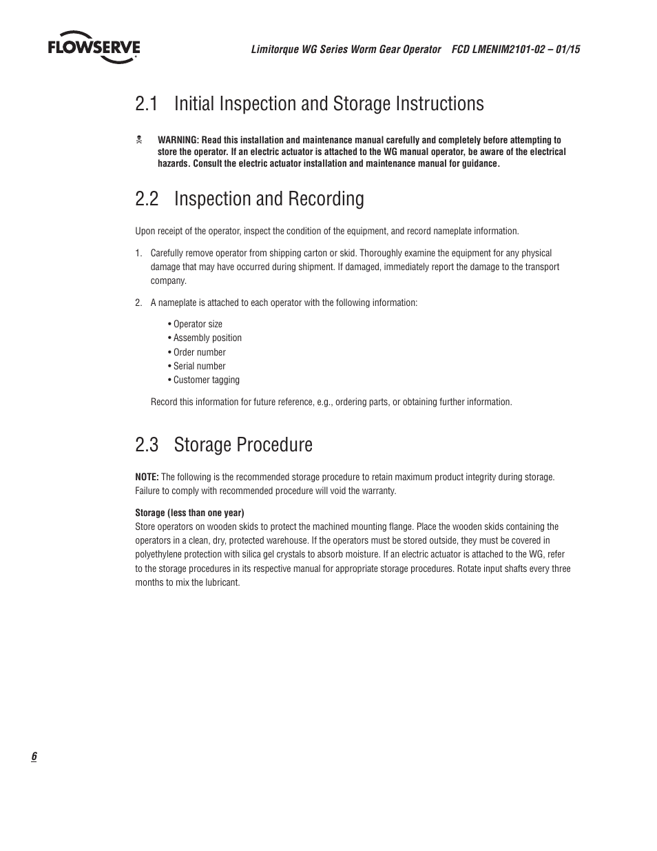 1 initial inspection and storage instructions, 2 inspection and recording, 3 storage procedure | Flowserve WG Series Limitorque User Manual | Page 6 / 24