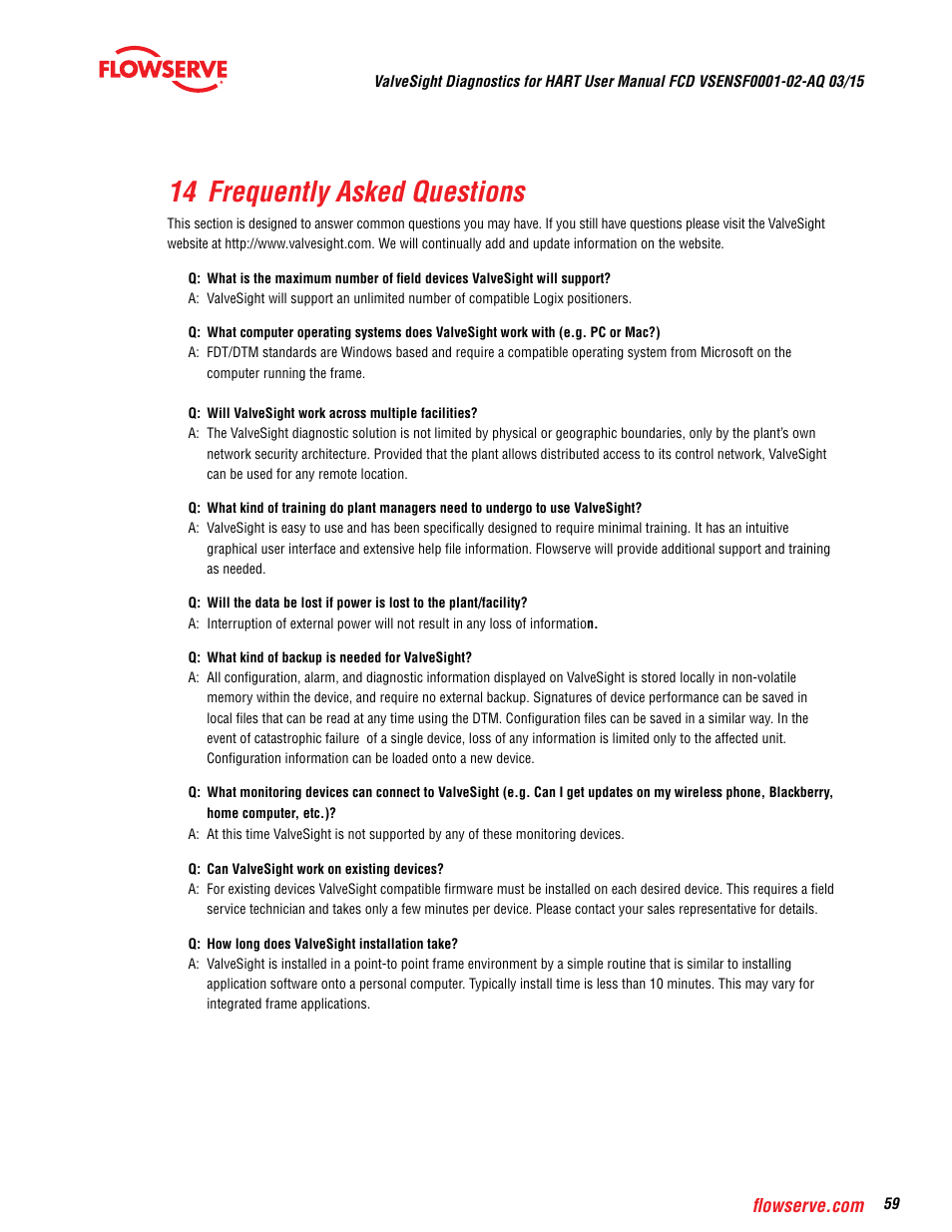 14 frequently asked questions | Flowserve ValveSight Diagnostics User Manual | Page 59 / 60