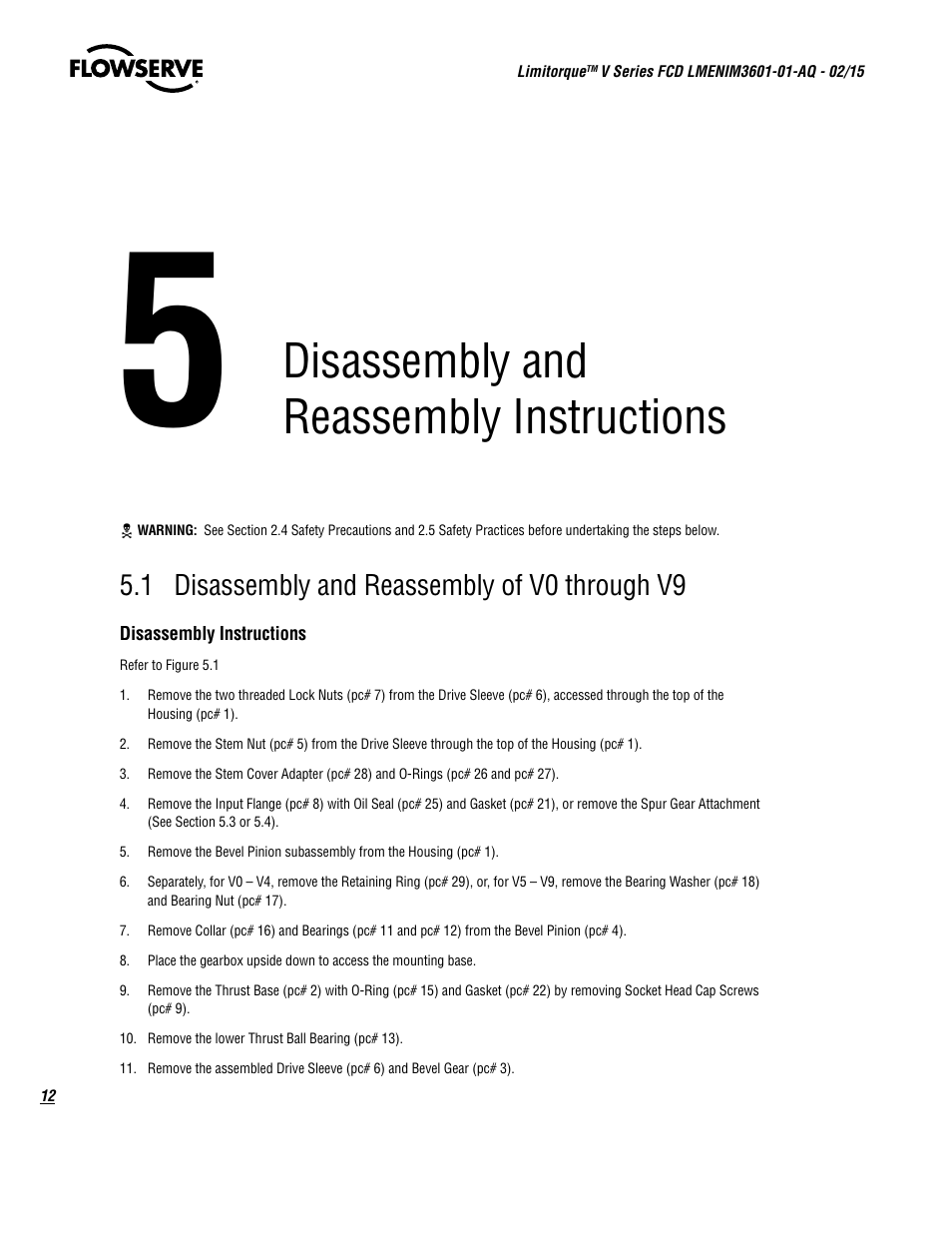 Disassembly and reassembly instructions | Flowserve V Series User Manual | Page 12 / 24