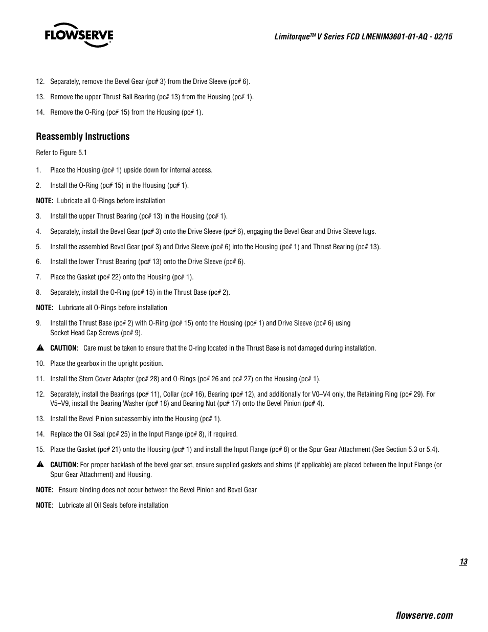 Reassembly instructions | Flowserve V Series User Manual | Page 13 / 24