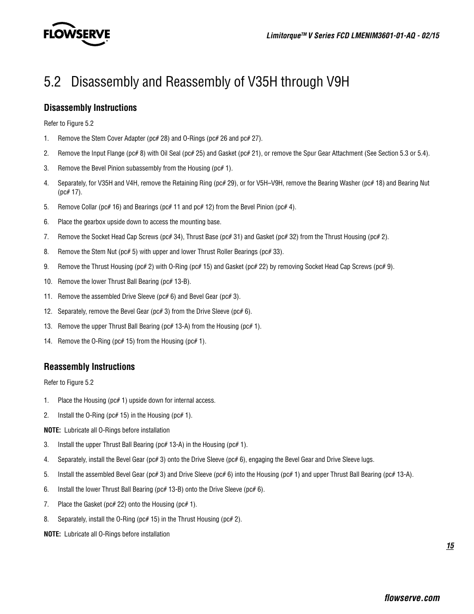 2 disassembly and reassembly of v35h through v9h | Flowserve V Series User Manual | Page 15 / 24