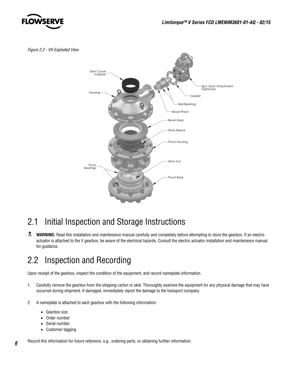 1 initial inspection and storage instructions, 2 inspection and recording | Flowserve V Series User Manual | Page 6 / 24