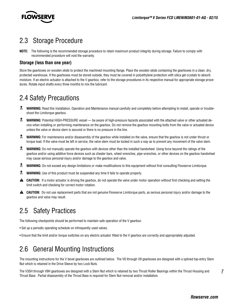 3 storage procedure, 4 safety precautions, 5 safety practices | 6 general mounting instructions | Flowserve V Series User Manual | Page 7 / 24