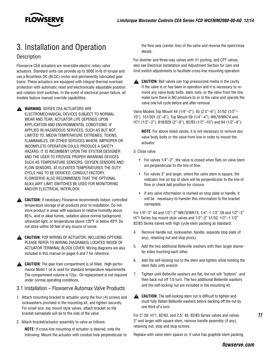 Installation and operation | Flowserve CEA Series Limitorque Automax User Manual | Page 11 / 28