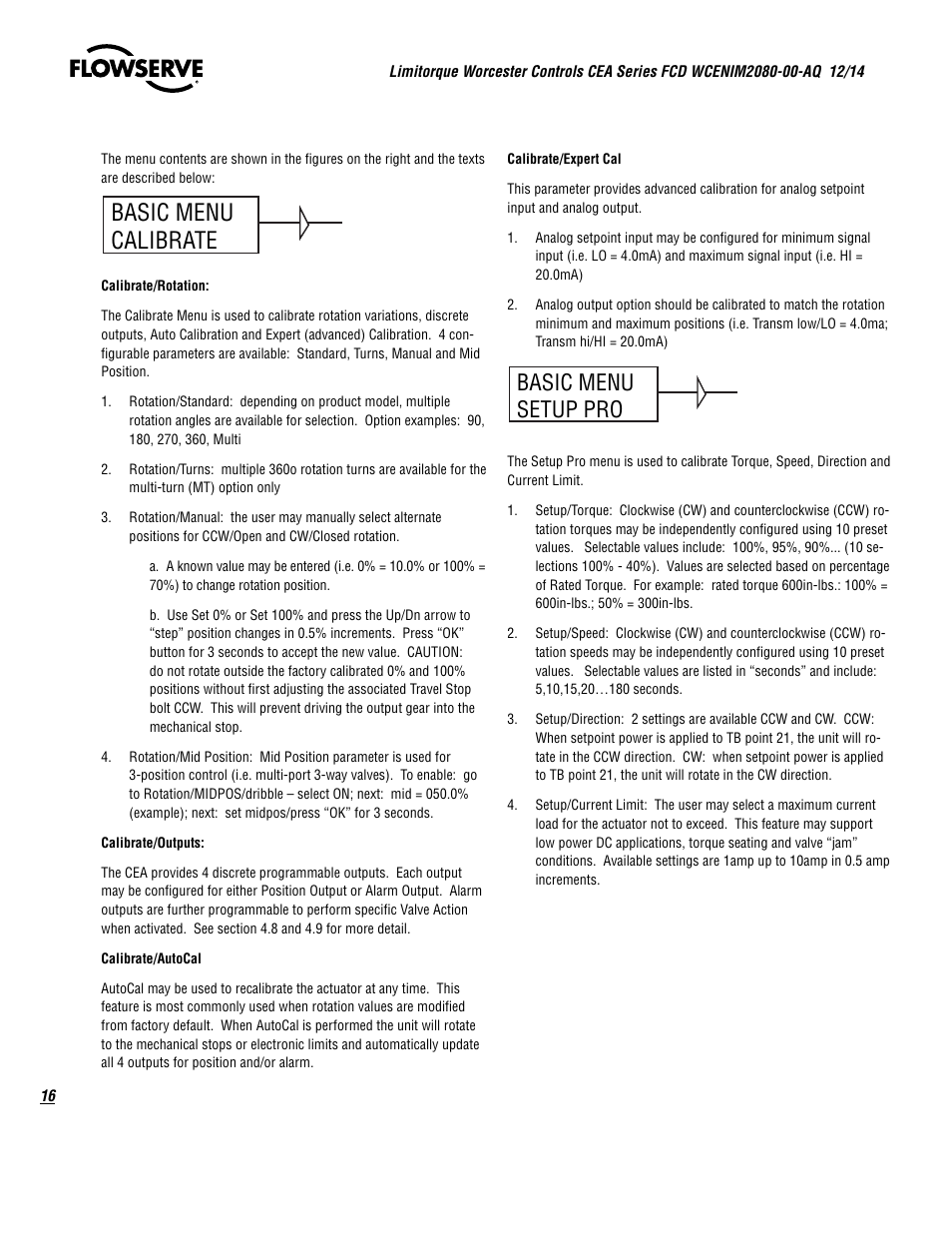 Basic menu calibrate, Basic menu setup pro | Flowserve CEA Series Limitorque Automax User Manual | Page 16 / 28