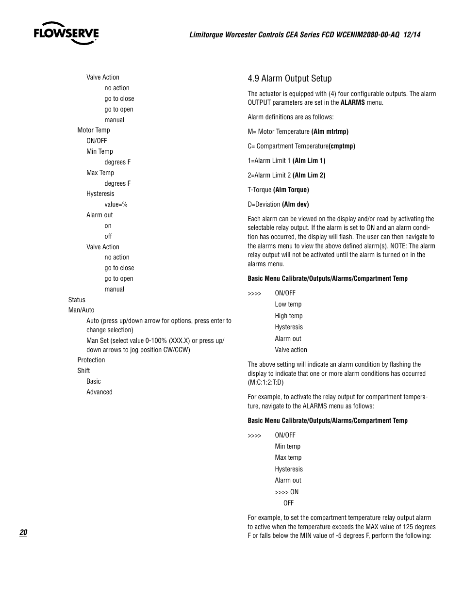 9 alarm output setup | Flowserve CEA Series Limitorque Automax User Manual | Page 20 / 28
