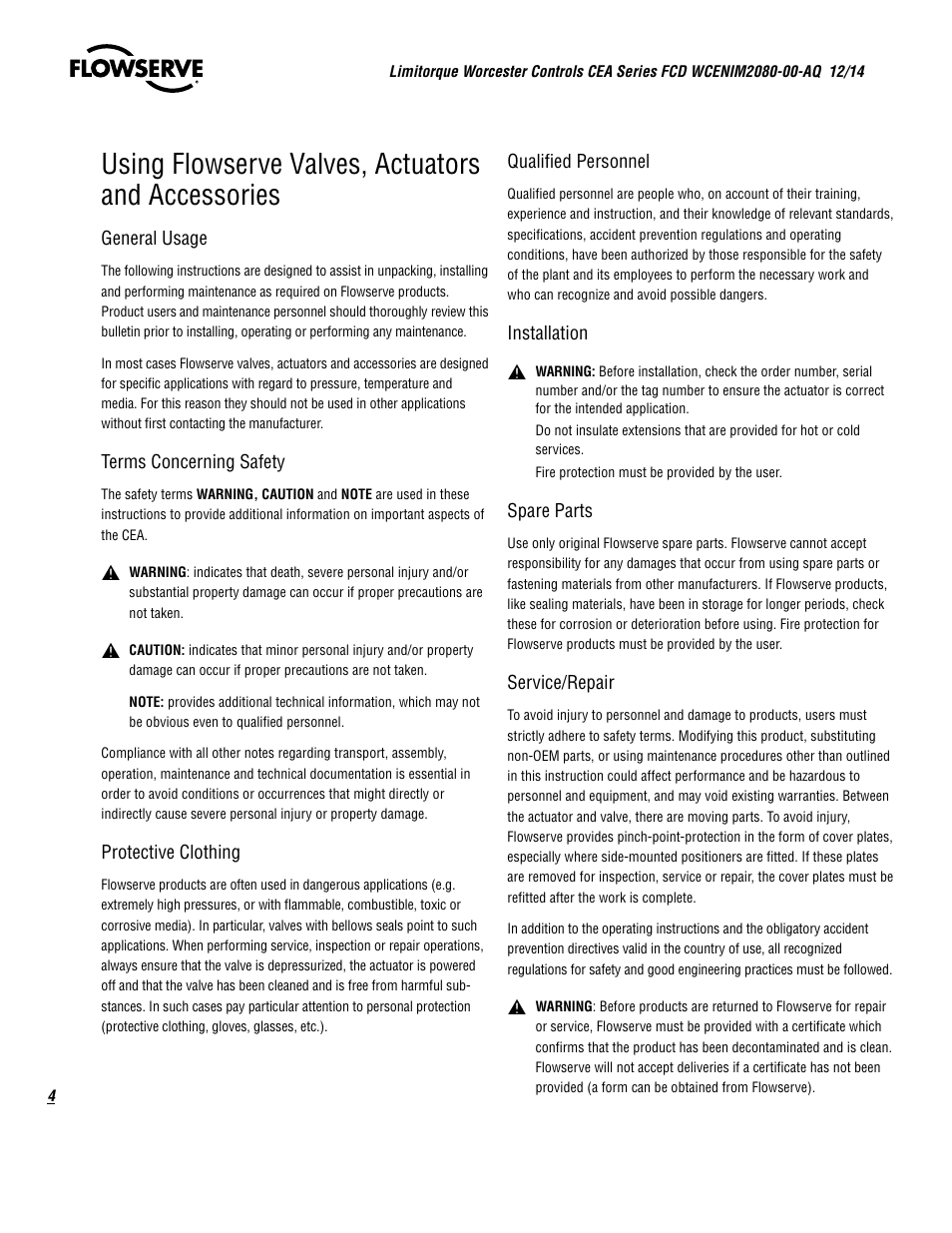 Using flowserve valves, actuators and accessories | Flowserve CEA Series Limitorque Automax User Manual | Page 4 / 28