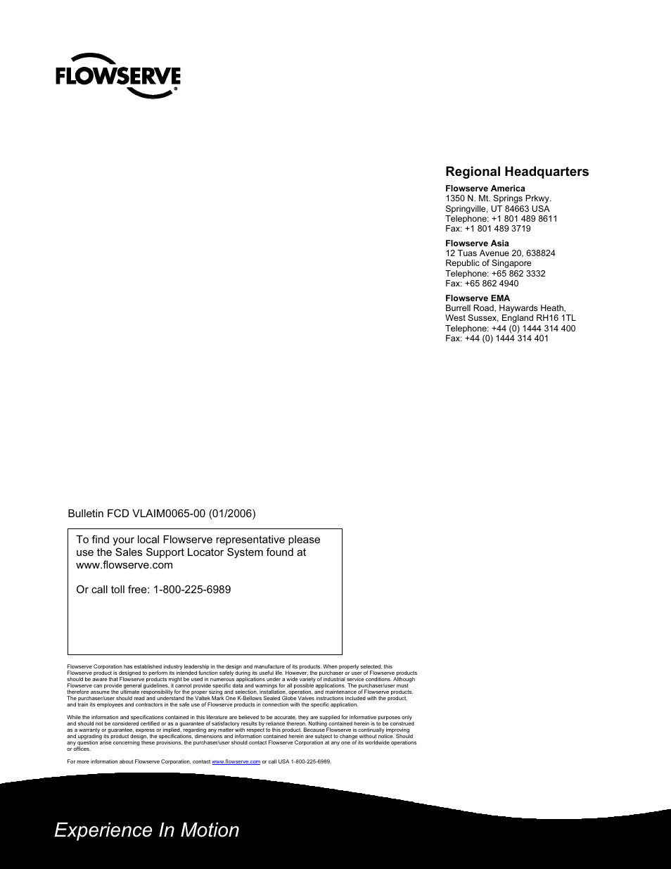 Experience in motion, Regional headquarters | Flowserve Valtek Mark One K-Bellows Sealed Globe Valves User Manual | Page 8 / 8