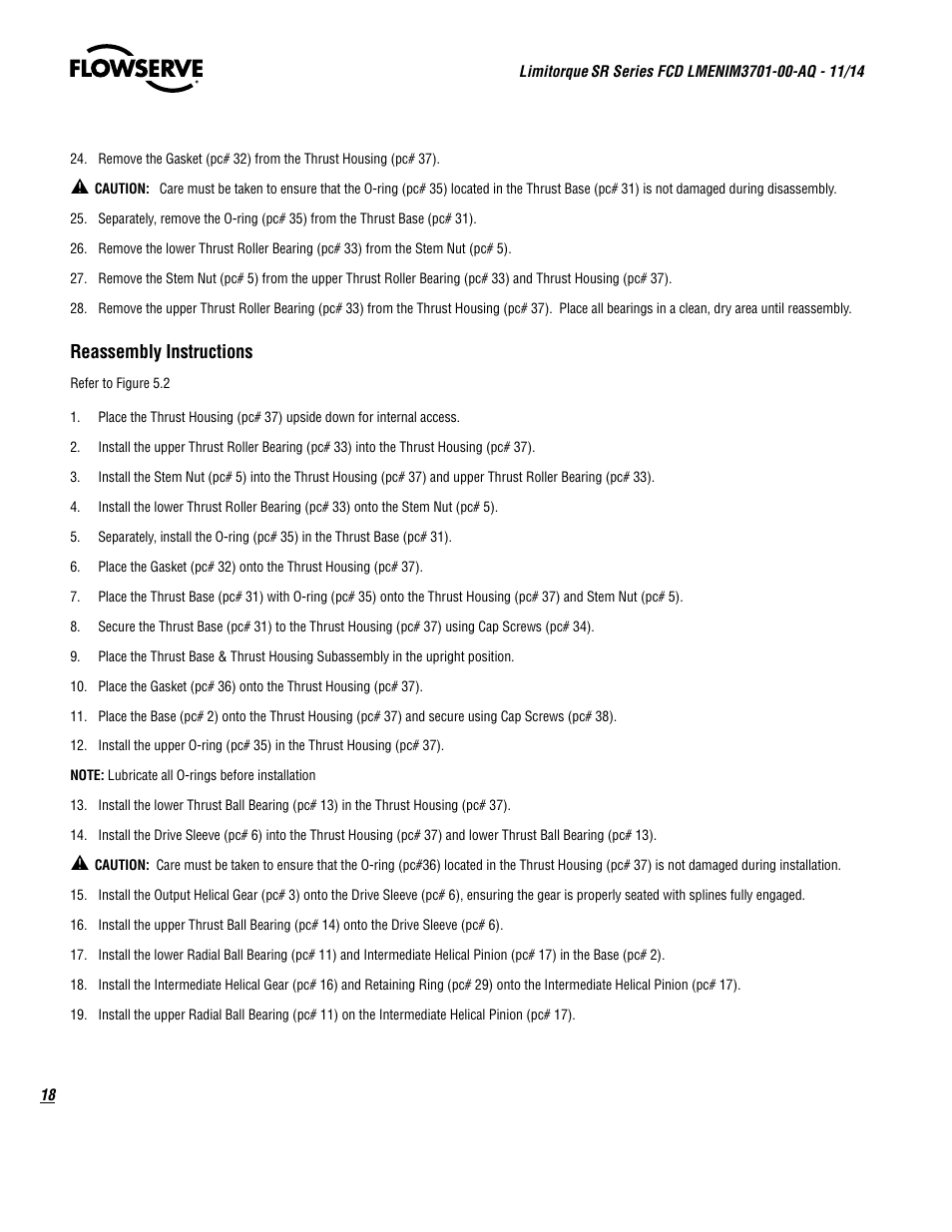 Reassembly instructions | Flowserve SR Series Limitorque User Manual | Page 18 / 24