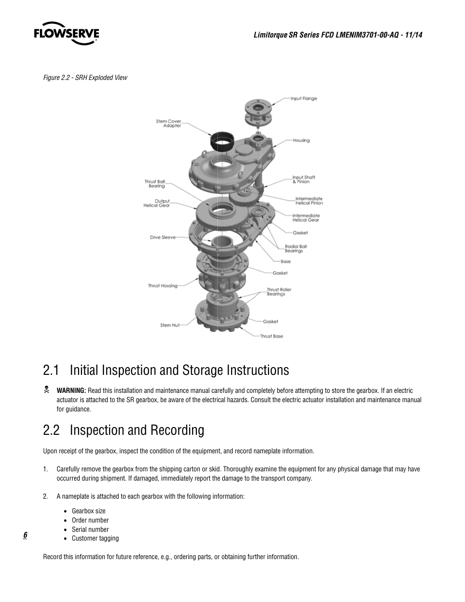 1 initial inspection and storage instructions, 2 inspection and recording | Flowserve SR Series Limitorque User Manual | Page 6 / 24