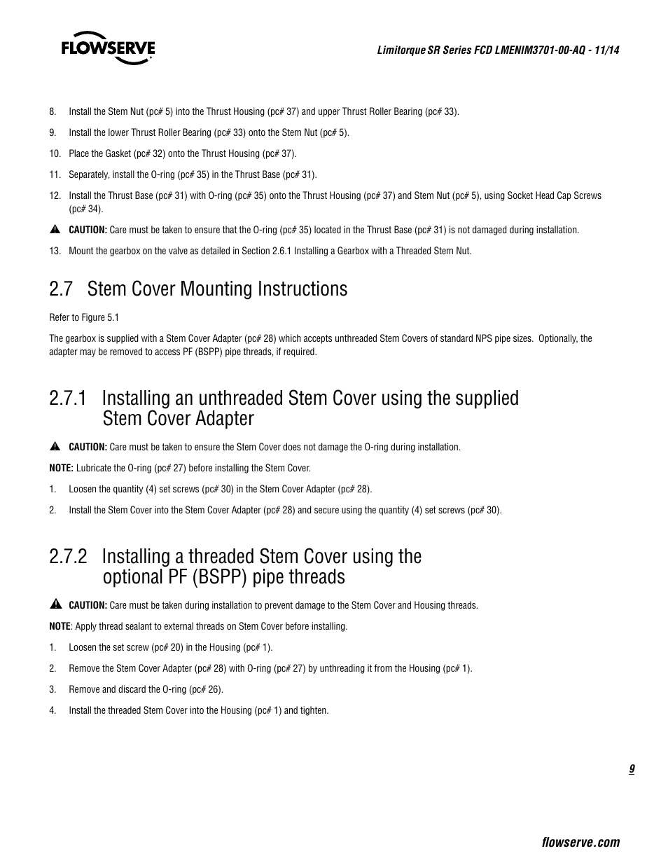 7 stem cover mounting instructions | Flowserve SR Series Limitorque User Manual | Page 9 / 24