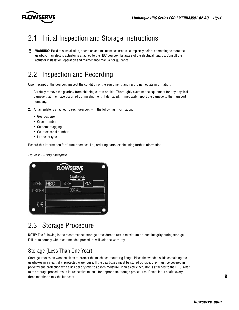 1 initial inspection and storage instructions, 2 inspection and recording, 3 storage procedure | Storage (less than one year) | Flowserve HBC Series Limitorque User Manual | Page 5 / 24