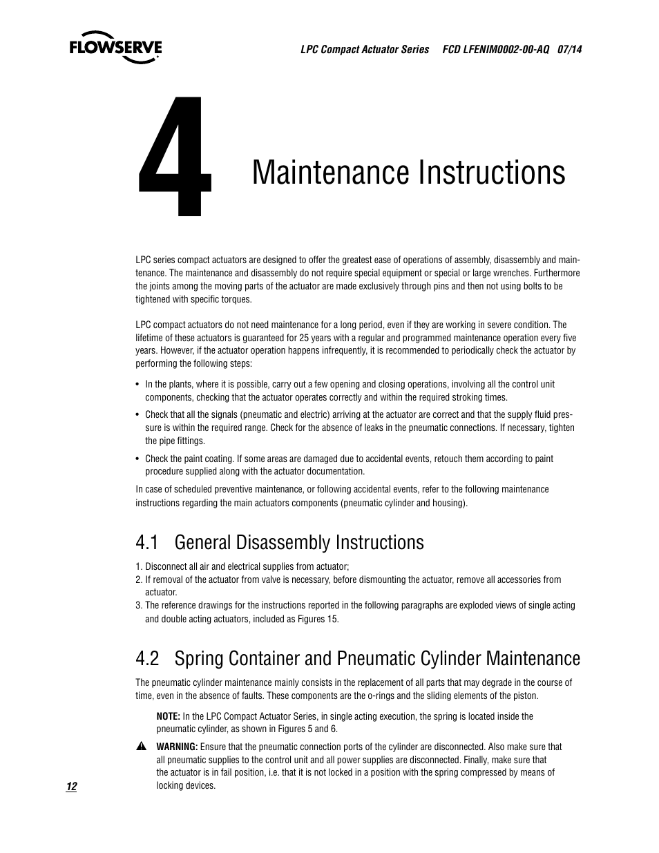 Maintenance instructions | Flowserve LPC Compact Actuator Series User Manual | Page 12 / 24