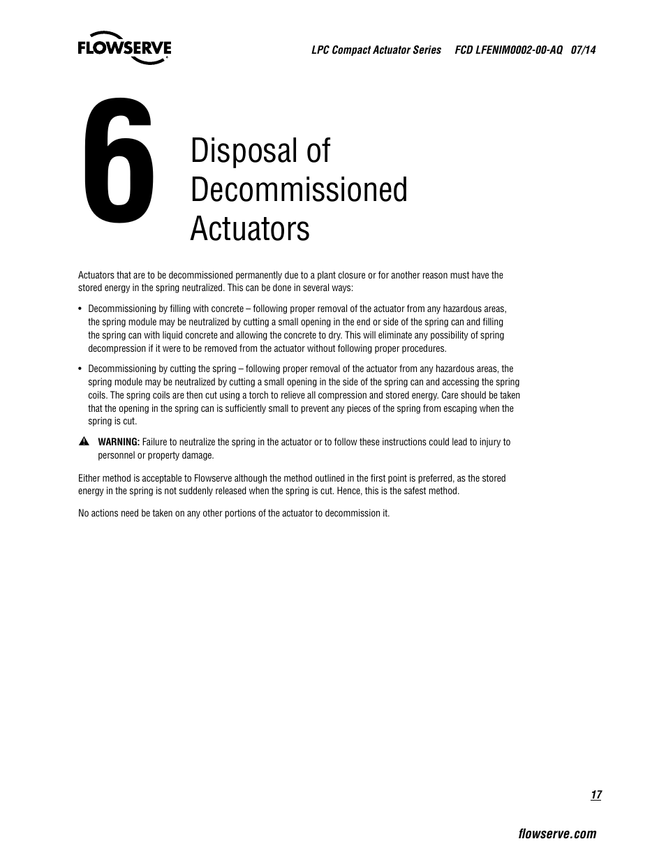 Disposal of decommissioned actuators | Flowserve LPC Compact Actuator Series User Manual | Page 17 / 24